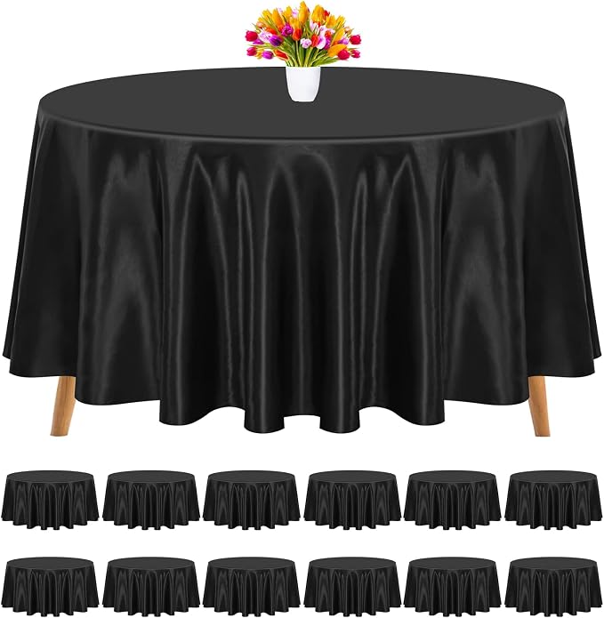 12 Pack 90 Inch Round Tablecloth, Black Satin Fabric Table Cloth for Round Tables, Wrinkle Resistant Washable Table Cover Bright Silk Tables Clothes for Wedding Party Dining Banquet