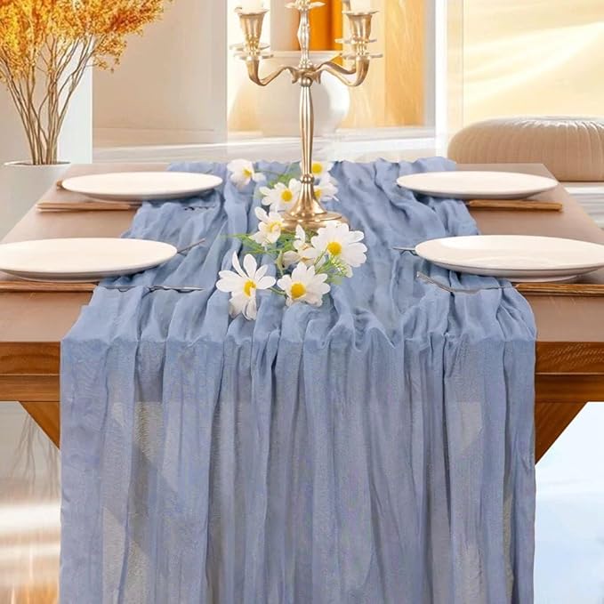 Cheesecloth Table Runner | Boho Fabric Cheese Cloth Table Runner Rustic Sheer Table Runners for Wedding, Bridal Shower, Birthday Party Décor(Dusty Blue,Pack of 3)