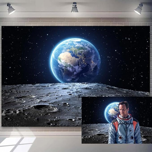 8x6ft Outer Space Backdrop Stars Moon Surface Blue Earth Photography Background Universe Theme Birthday Party Decoration Banner Boys Room Indoor Decor Wallpaper Adults Mens Photo Booth Studio Props