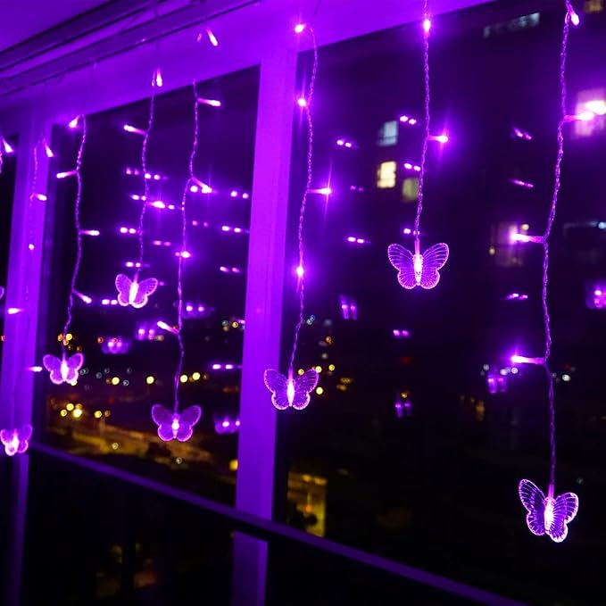 Purple Butterfly Curtain Fairy Lights USB Plug in,120 LED 8 Modes 20FT Firefly Twinkle Icicle String Lights with Remote Timer Waterproof for Halloween Bedroom Christmas Wedding Party Dorm