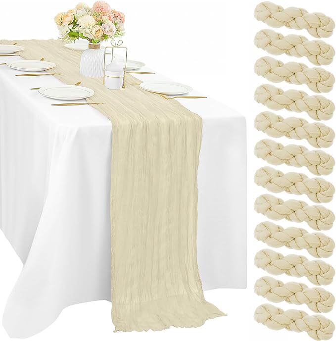 12 Pcs Beige Cheesecloth Table Runner 10FT Runner for Tables Boho Gauze Fabric Table Runner Decoration Rustic Sheer Runner for Wedding Bridal Shower Birthday Party Table Decor (35 x 120 Inches Long)