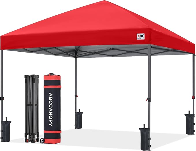 ABCCANOPY 10x10 Pop Up Canopy Tent, Easy Setup Instant Shelter with Wheeled Bag, Heavy Duty Outdoor Canopy for Beach, Market, Backyard, UV Protection, Outdoor Weather Protection (Red, 10x10)