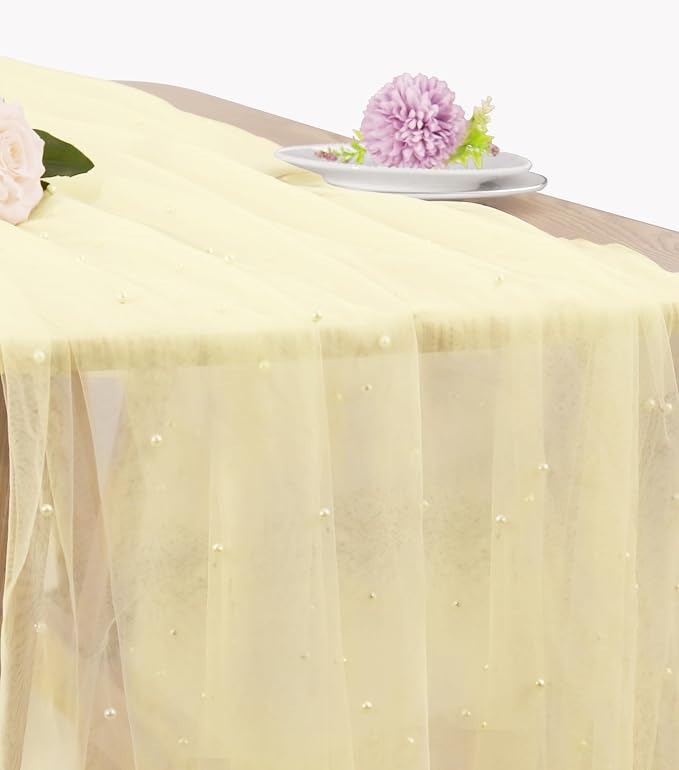 Set of 6 Pearl Table Runner 29 x 120 Inch Tulle Fabric Lace Table Runners for Bridal Shower Birthday Party Wedding Arch Dessert Table Decor(Ivory)