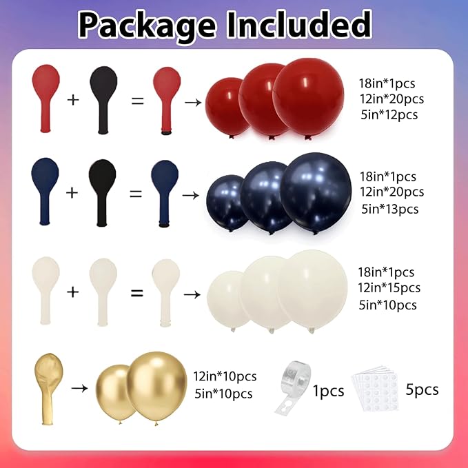 Red White and Blue Balloons Arch Kit - 124 PCs Double Stuffed Red Navy Blue Sand White Gold Latex Balloons for Graduation Birthday Party Veterans Day Decorations