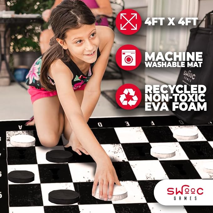 Swooc Games - 3-in-1 Giant Chess, Checkers, & Chess Tac Toe Game with Mat (4ft x 4ft) - Machine-Washable Canvas & 5" Big Foam Discs - Giant Chess Set Outdoor & Checkers Board Game for Adults & Kids
