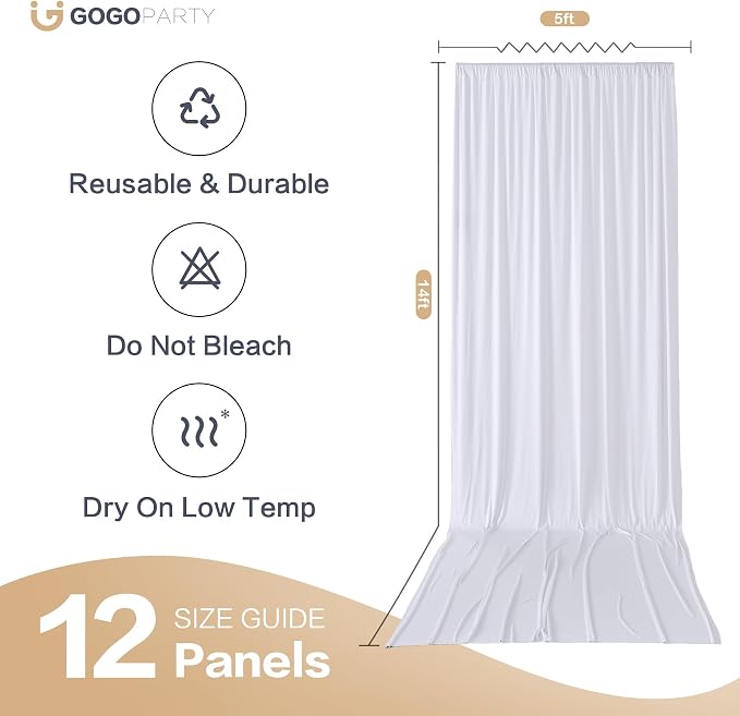 60x14ft White Backdrop Curtains for Wedding Party, 12 Panels 14 ft Long Back Drop Cloth, Wrinkle-Free Polyester Drapes for Birthday, Baby Shower, Stage Photography Background