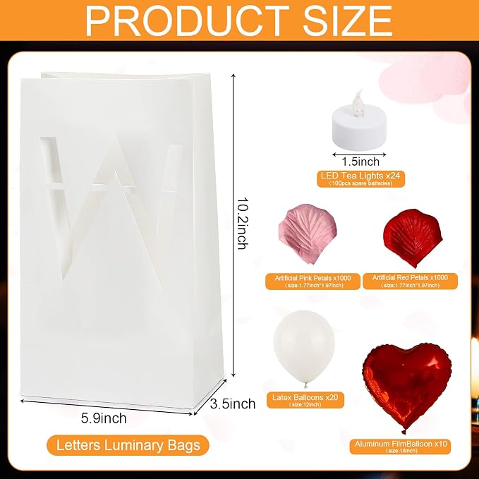 It was Always You Luminary Paper Bags with LED Flameless Candles and Rose Petals Balloons Light Up Letters for Valentines' Day Anniversary Proposal Special Romantic Decorations
