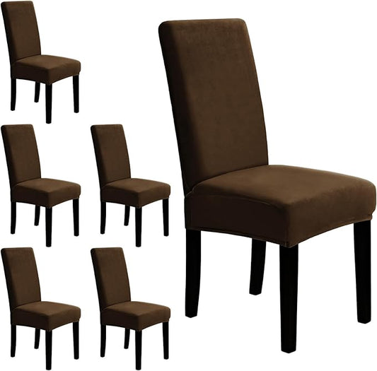 MOSAYT Velvet Stretch Chair Covers for Dining Room Set of 6 - Soft Slipcovers with Thick Removable Fabric for Parsons Chairs, Washable Seat Protectors for Kitchen, Banquet & Home Decor, Coffee