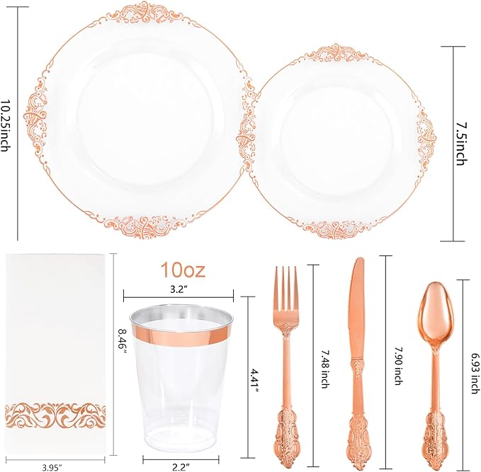 Morejoy 175PCS Rose Gold Plastic Plates & Plastic Silverware inculdes: 25 Dinner Plates,25 Dessert Plates, 25 Forks,25 Knives, 25 Spoons, 25 Cups,25 Napkins Perfect for Wedding & Party & Mother's Day