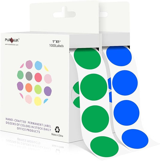 PARLAIM 1 Inch Round Adhesive Color-Code Dot Stickers,2Rolls/2000 per Roll dots Label Dispenser Box,Green/Blue Circle Stickers Label for Office Home (Green/Blue)