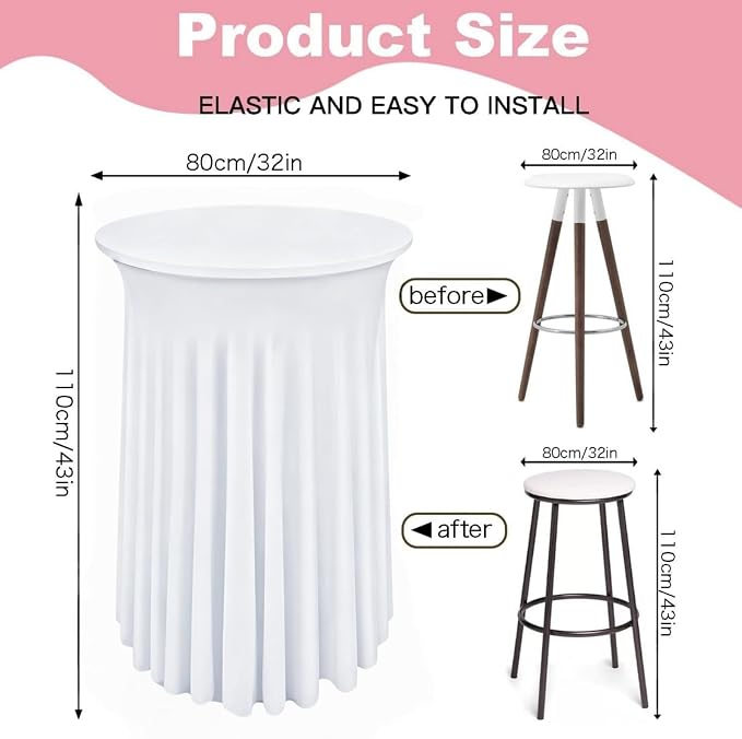 6 Pack Round Spandex Cocktail Table Tablecloth with Skirts, 32 x 43 Inch White Spandex High Top Cocktail Table Covers, Stretch Fitted Round Cocktail Tablecloths for High Top Bar Party Wedding Banquet