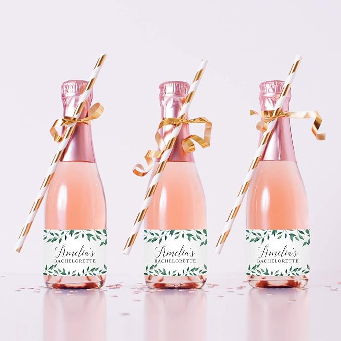 Andaz Press Personalized Mini Champagne Wine Bottle Labels, Amelia's Bachelorette, Location, Greenery Green Leaves, 20-Pack, Custom Mini Champagne Favor Gift Labels Stickers