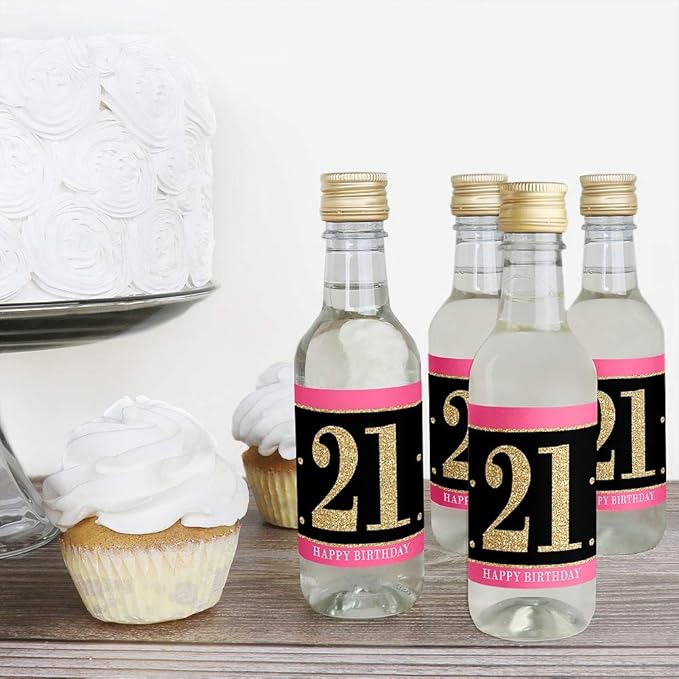 Big Dot of Happiness Finally 21 Girl - 21st Birthday - Mini Wine and Champagne Bottle Label Stickers - Birthday Party Favor Gift for Women and Men - Set of 16