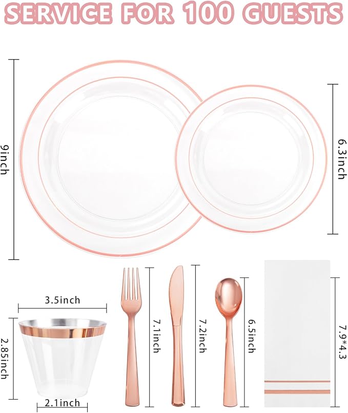 GATHER 700PCS Rose Gold Plastic Plates - Clear Rose Gold Rim Disposable Dinnerware Set Includes 200 Plates, 300 Silverware, 100 Napkins, 100 Cups for Party & Wedding & Mother's Day