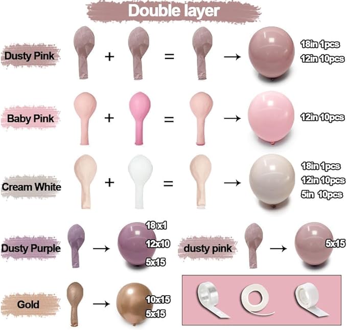 Dusty Purple Pink Balloon Garland Double Stuffed Boho Lavender Sand White Pastel Pink Lilac Gold Balloons Arch Kit for Wedding Birthday Bridal Baby Shower Floral Party Decoration