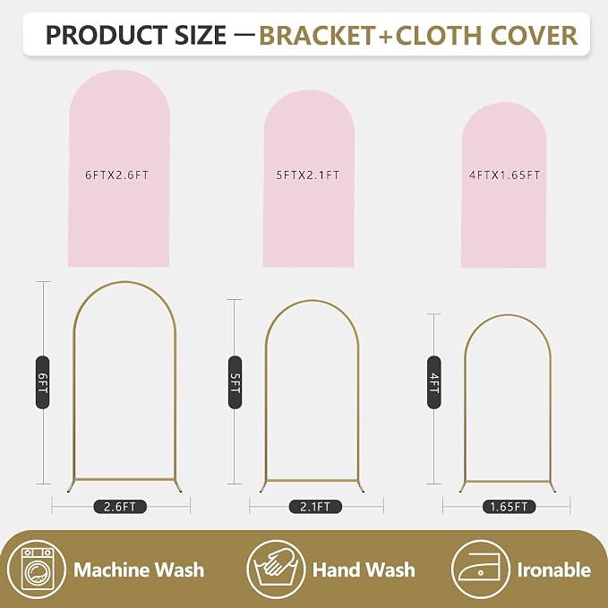 Arch Backdrop Stand and Cover Set, 3 Metal Balloon Arch Backdrop 4ft 5ft 6ft, Gold Arched Stand Frame for Wedding, Parties,Birthday, Event Decorations (Pale Pink,4ft+5ft+6ft)