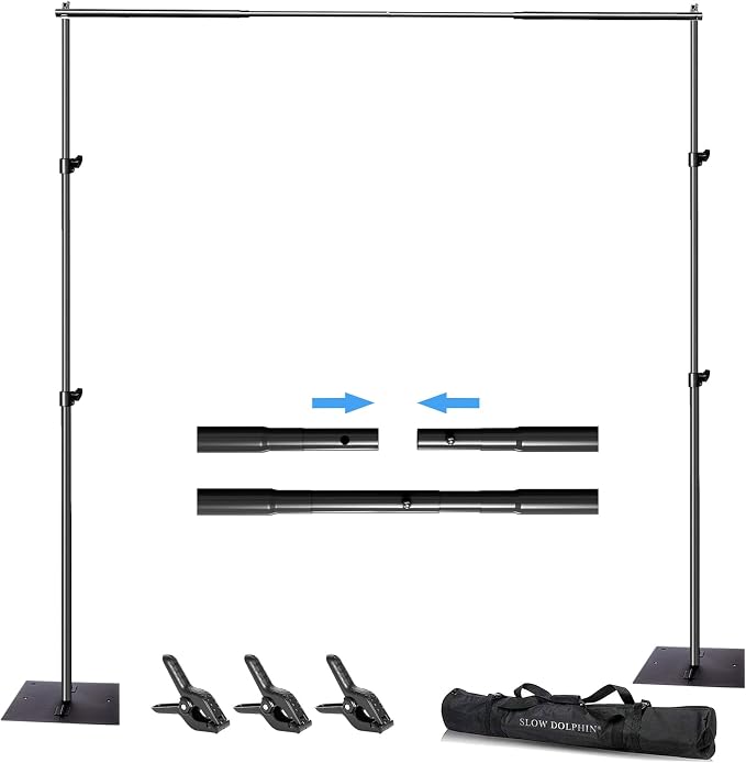SLOW DOLPHIN Pipe and Drape Photography Backdrop Stand Kit Adjustable Photo Background Stand 10ft x 6.5ft with Metal Base for Parties Weddings Birthday Party Events Photo Booth