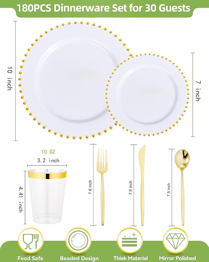 supernal 180Pcs White and Gold Dinnerware Set,Premium Heavy Duty White Plastic Plates with Gold Beads,White Disposable Plates with Plastic Silverware and 10oz Cups for Wedding/Party/Valentine's Day