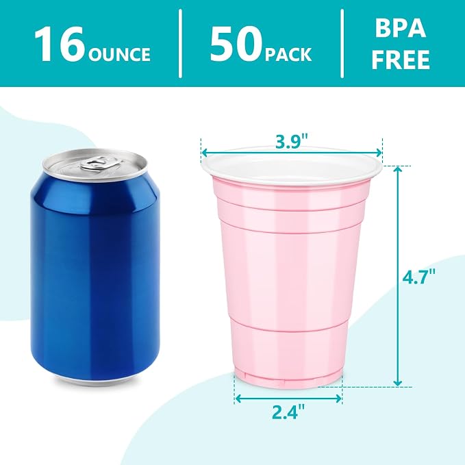 LANLISA 50 Light Pink Plastic Cups, 16 oz Disposable Cups, Drinking Cups For Birthday Party, Valentines, Baby Shower, Easter Party, Mothers Day
