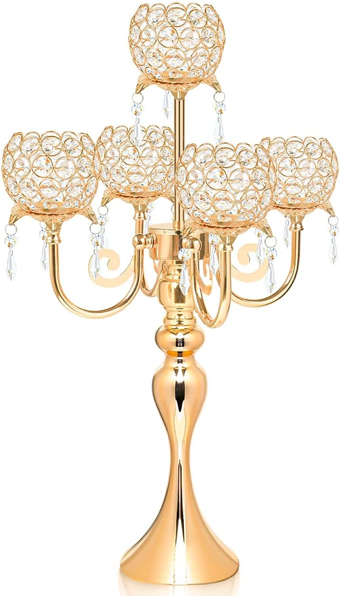 1Pc 22.5 Inch 5-Arm Tea Light Crystal Candle Holder/Candlestick, Exquisite and Gorgeous Crystal Candelabra Table Centerpiece for Wedding/Holiday Events, Parties & Home Decor