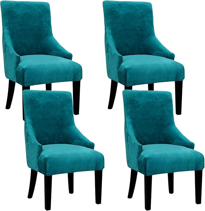 Velvet Wingback Dining Chair Cover Soft Stretch Accent Chair Cover Slipcover Thick Plush Wing Back Chairs Covers Furniture Protect Washable Chairs Protector Covers for Dining Room (Peacock Blue, 4)