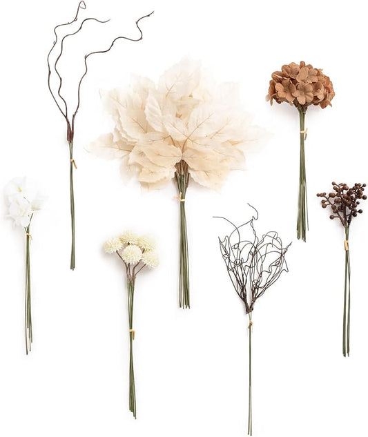 Ling's moment Artificial Greenery Stems Box Set, 48pcs with 7 Kinds of Faux Greenery Picks for DIY Bridal Bouquets Wedding Floral Arrangement Table Centerpieces, Tawny Beige & Sand Beige