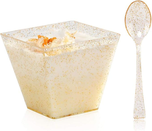 bUCLA 100Pack Square Small Dessert Cups-3oz Disposable Gold Glitter Plastic Bowls-100pack Mini Tasting Spoons-Great for Tasting Party Desserts Appetizers