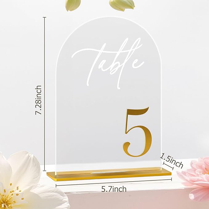 Arch Wedding Table Numbers 1-10 with Stands,5 x 8 Inch Transparent Acrylic Reception Table Signs Golden Letters,Perfect for Wedding Receptions, Parties, Anniversaries, and Events (1-10 golden)