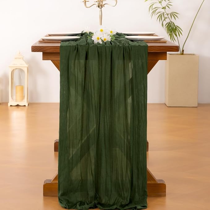 Socomi Olive Green Summer Cheesecloth Table Runner Boho Rustic Gauze 120 inch 10FT Cheese Cloth Sheer Runner for Wedding Party Baby Shower Birthday Home Decor