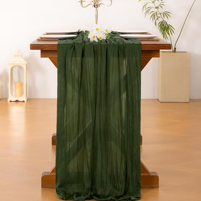 Socomi 6pcs Olive Green Cheesecloth Table Runner Boho Rustic Gauze 120 inch 10FT Cheese Cloth Runner for Wedding Party Baby Shower Birthday Home Decor