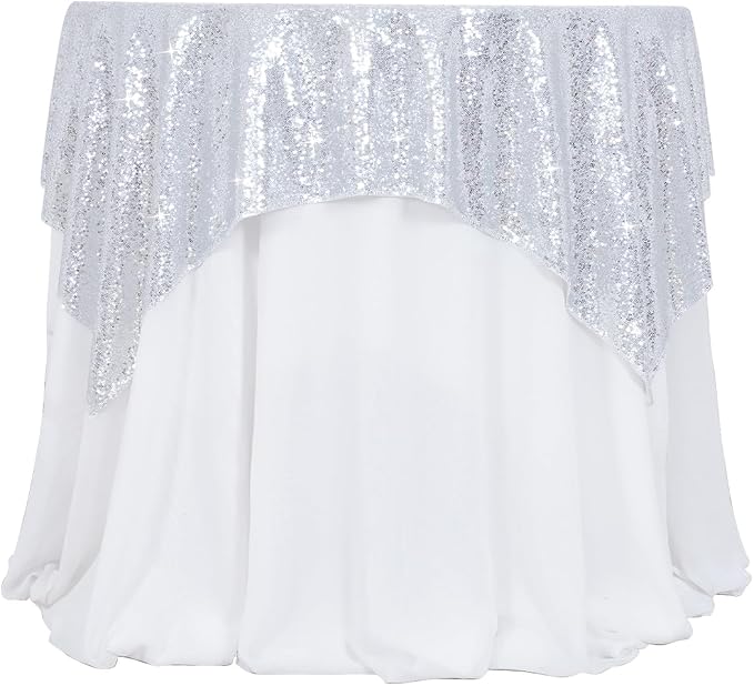 Poise3EHome Silver Sequin Tablecloth 50×50 Inch Square Sequin Fabric Table Cover Overlay for Christmas Baby Shower Birthday Party Wedding Holiday Cake Table Decoration
