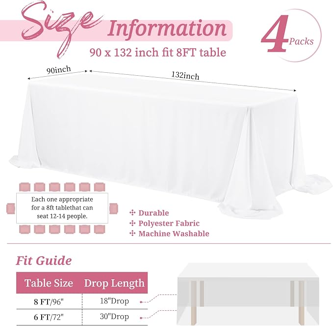 Showgeous 4 Pack White Rectangle Tablecloth, 90 x 132 Inch, Wrinkle Resistant, Machine Washable Polyester, Perfect for 8ft Table, Wedding, Dining, Parties