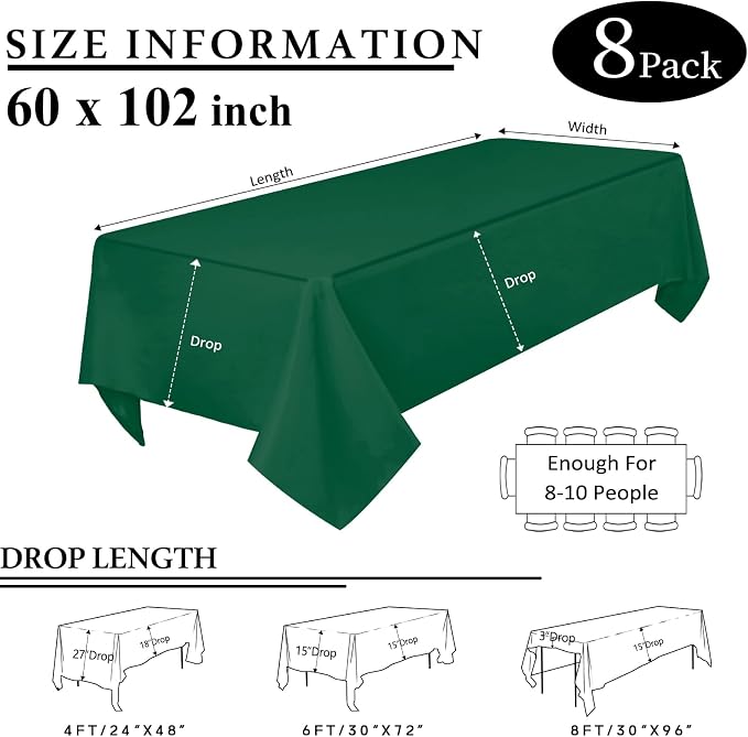 8 Packs Hunter Green Tablecloth Rectangle 60x102 Inch Table Cloth for 6 Foot Rectangle Table, Wrinkle Resistant Polyester Fabric Dark Green Washable Table Cover for Wedding Party Buffet
