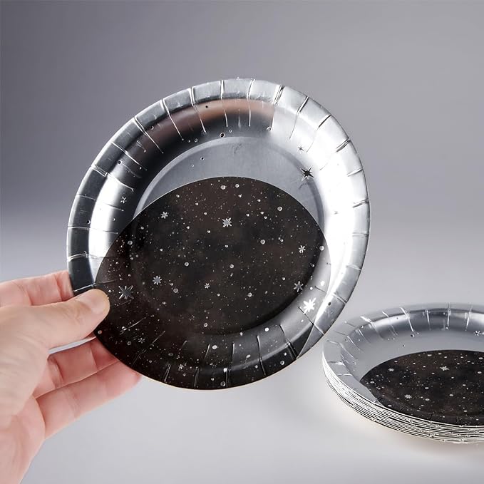 Cheerland Silver Moon Plates for Space Themed Party Decorations Galaxy Birthday Party Tableware Set Starry Night Outer Space Birthday Party Decorations Twinkle Twinkle Little Stars (24, Silver)