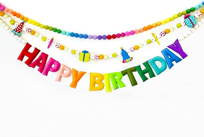 Pre-Strung Happy Birthday Banner, Colorful Felt Ball Garland, Felt Party Hats, Birthday Candles, Cute Gifts, Personalized Banner Sign for Holiday Decor Birthday Party Decoration