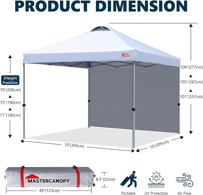 MASTERCANOPY 10x10 Pop Up Canopy Tent with 1 Sidewall, 1 Person Setup Instant Shelter, Outdoor Portable Beach Canopy, 1 Roller Bag, 4 Sandbags, 4 Ropes, 8 Stakes (10x10, White)