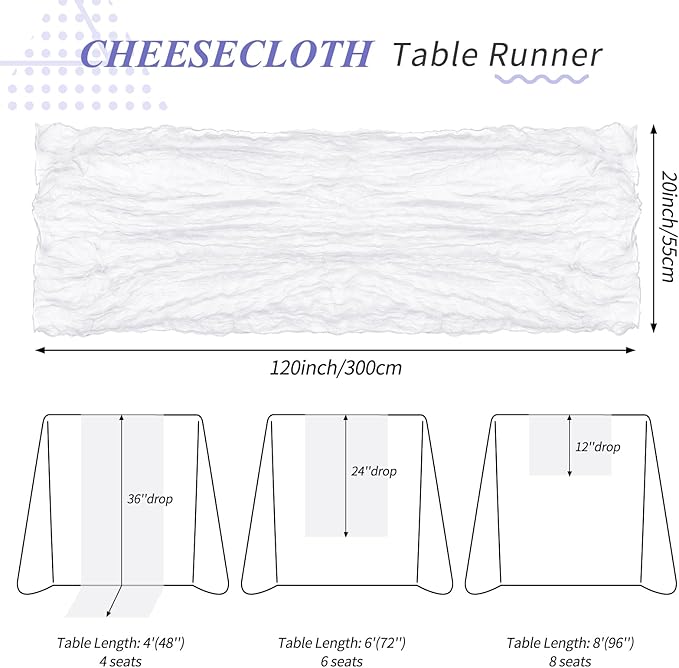 20 Pack White Cheesecloth Table Runner 20 x 120 inch Boho Gauze Cheese Cloth Table Runner Vintage Rustic Romantic Sheer Runners for Wedding Bridal Shower Birthday Party Cake Table Decorations