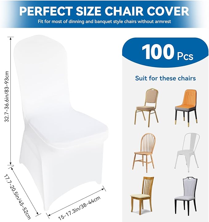 100 Pieces White Chair Covers - Versatile Stretch Polyester Spandex Dining Chair Slipcovers for Dining, Party, Wedding, Banquet, and More
