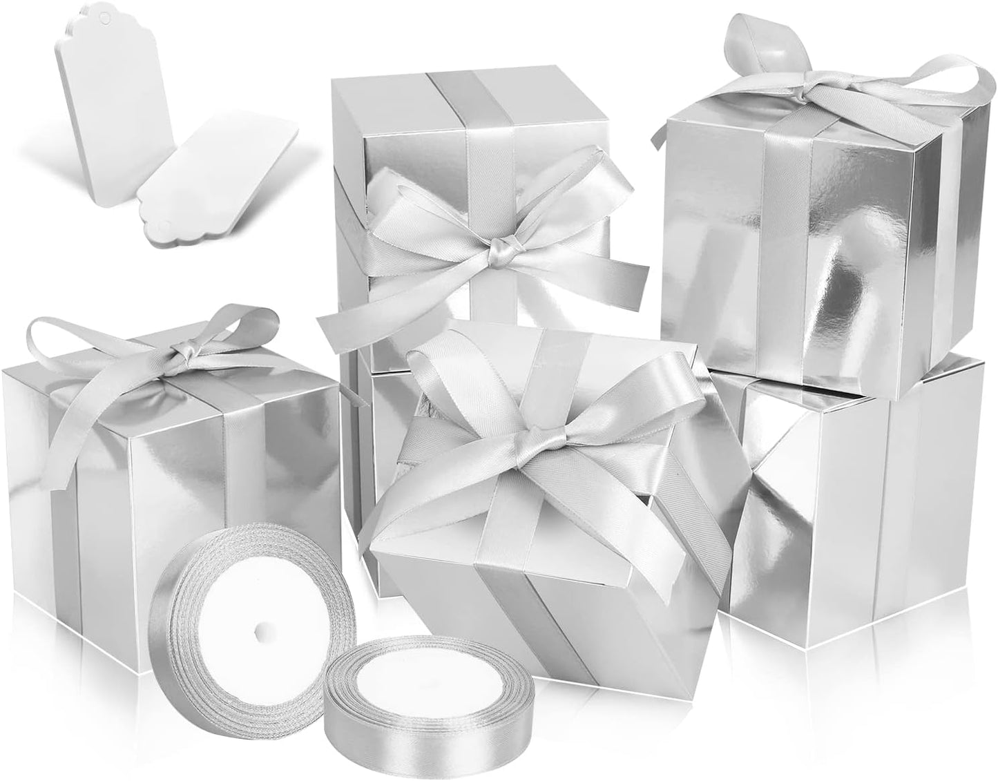 50 Pack Small Favor Boxes, 4x4x4 Silver Paper Gift Boxes with Lids for Presents, Crafting, Cupcake, Candy, Wedding Party, Bridal Shower, Baby Shower Favors
