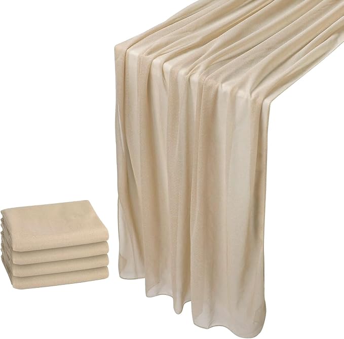 WELTRXE 4 Pack Champagne Chiffon Table Runner 30x120 Inches Romantic Sheer Wedding Table Runner Glitter Brown Tulle Fabric Party Table Decorations for Wedding, Birthday Party, Bridal & Baby Shower