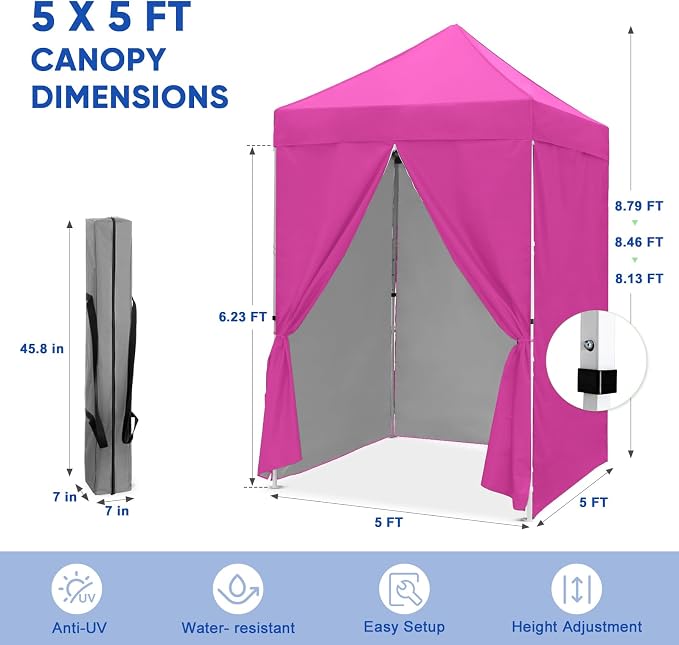 COOS BAY 5x5 Pop Up Canopy Tent with Side Walls, Easy Setup Portable Sun Shelter with Carry Bag, Outdoor Shade for Beach, Camping, Sports & Backyard, Pink