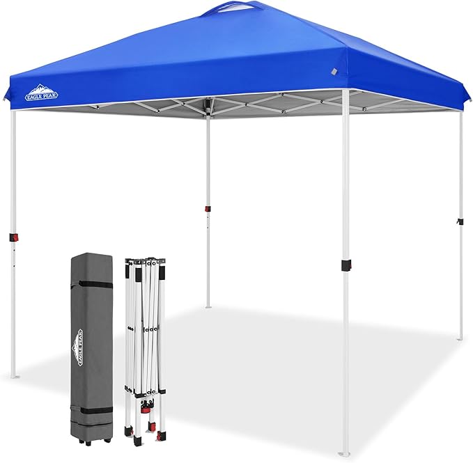 EAGLE PEAK Pop Up Canopy Tent with Wheeled Carry Bag, 8 Stakes, 4 Ropes, Easy Set Up Tent Canopy, 8x8 ft, Blue