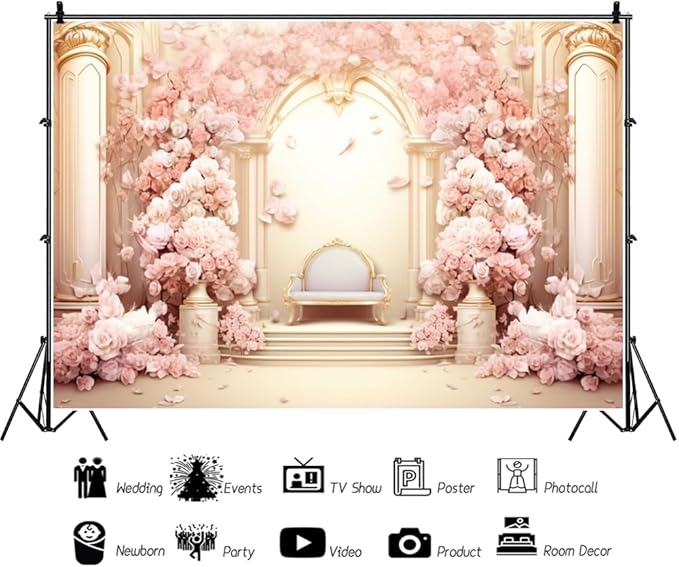 6x4ft Pink Floral Wall Backdrop Girls Rose Bridal Shower Palace Wedding Anniversary Flowers Baby Shower Party Decorations Photography Background Photo Shoot Props