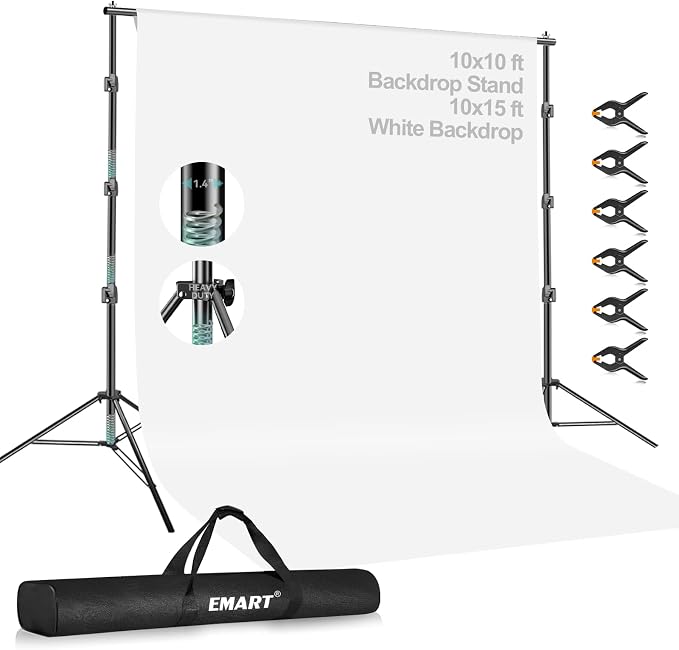 EMART Portable Photography Backdrop Stand Kit 10 x 10 ft with 10 x 15 ft White Backdrop, Adjustable Background Support System for Photo Video Studio, Photoshoot, Party, Live Game, Interviews
