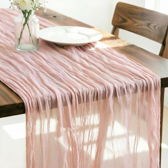 LINXTAR Dusty Pink Cheesecloth Table Runner 160 Inches 14Ft Gauze Summer Boho Table Runner for Wedding Tea Party Baby Shower Bridal Birthday Home Decoration