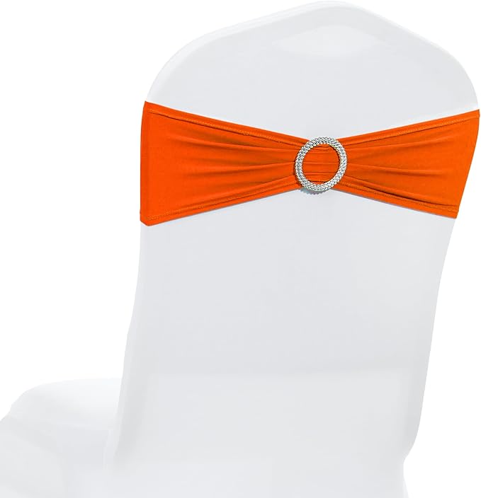 MDS Pack of 25 Spandex Chair Sashes Bow Premium Stretch Chair Cover Band with Buckle Slider Universal fits Elastic Stretch Chair Ties for Wedding Party Banquet Events Decoration - Orange