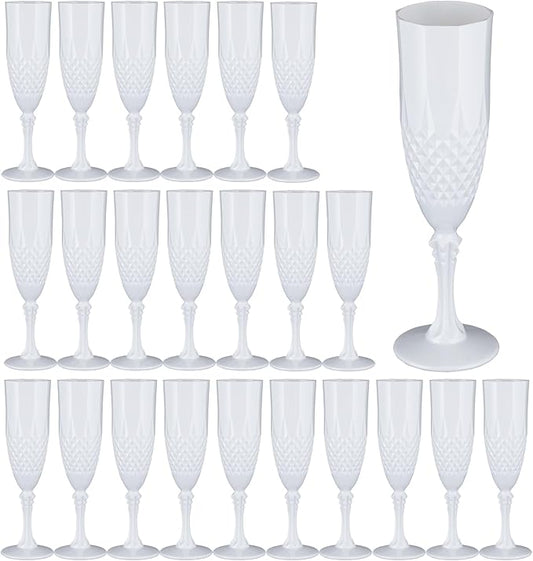 Plastic Champagne Flutes,24PCS White Solid Wine Glasses Goblets Shatterproof Mimosa Bar Reusable Vintage Champagne Flutes Stemmed Drinking Cups for Weddings, Bachelor Parties, Toasting,Cava, Prosecco