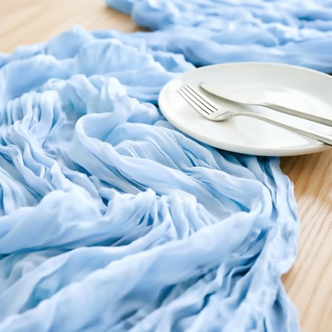 LINXTAR Light Blue Cheesecloth Table Runner 4 Pack 160 Inches 14Ft Gauze Summer Boho Table Runner for Wedding Tea Party Baby Shower Bridal Birthday Home Decoration