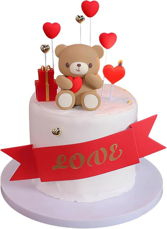 Valentine's Day Bear Cake Toppers Set - Heart Bear, Colorful Hearts, Gift Box, and "Love" Sign for Romantic Cakes