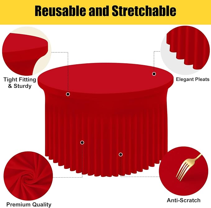 Smiry Round Spandex Tablecloth, Elastic Fitted Washable Tablecloths for 60 Round Tables, Waterpoof Stretch Table Cover Skirt for Outdoor, Wedding, Banquet & Parties, Red